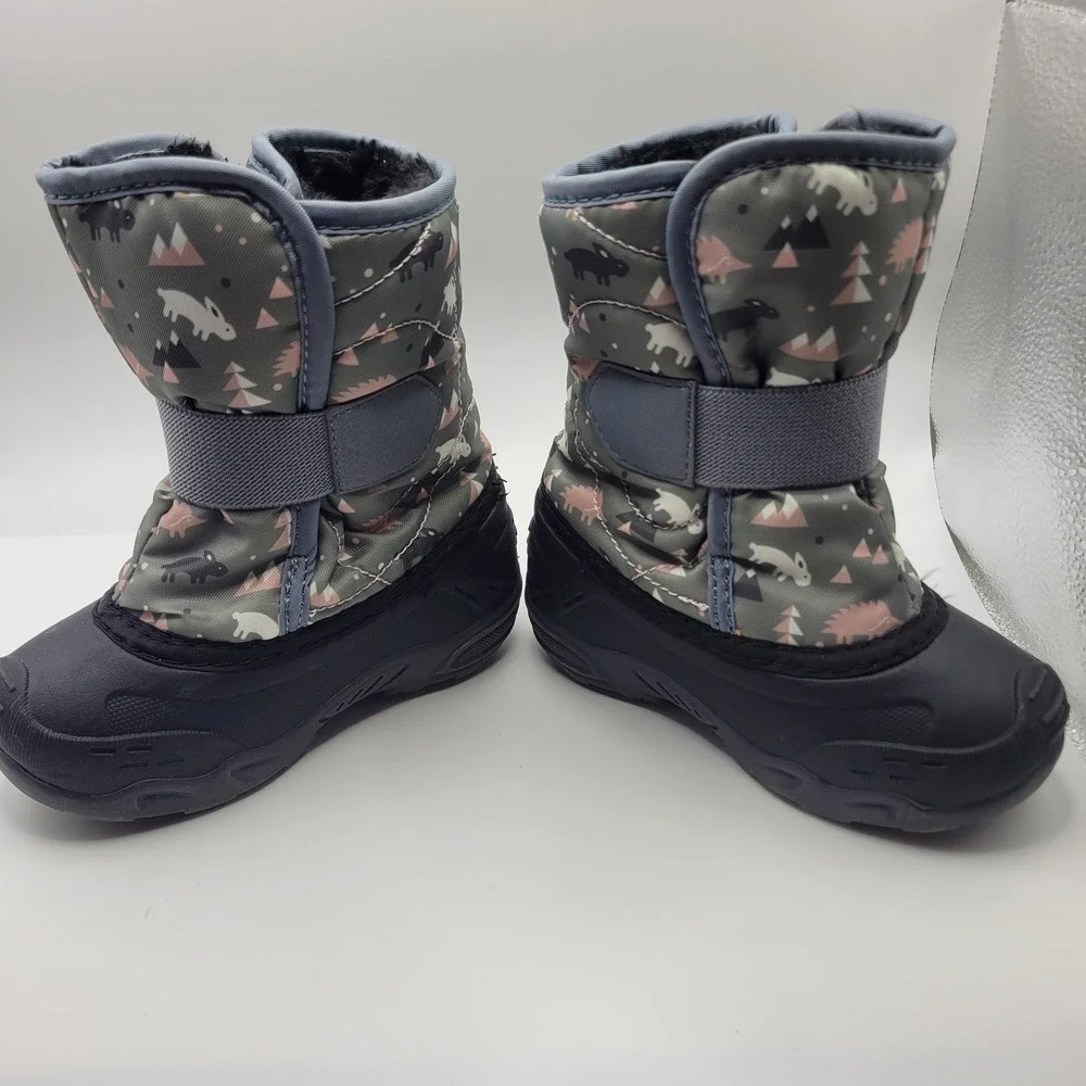 Kamik Snowbug 6 Kids Winter Boots Grey Pink Woodland Print Waterproof Size 8 US